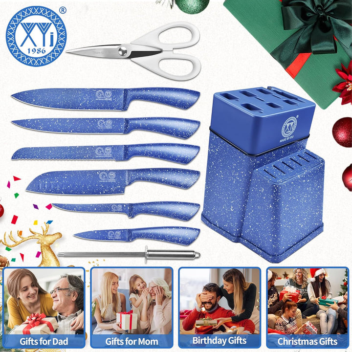 XYJ Authentic Since 1986, Kitchen Knife Block Set, Stainless Steel Knives Set With Knife Holder, Blu
