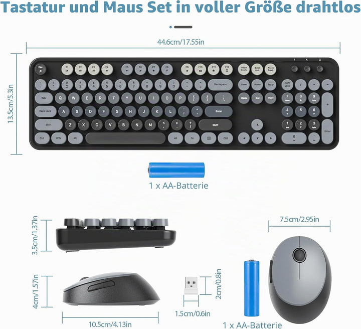 SOLIDEE kabellose Tastatur- und Maus-Kombination, Retro-Schreibmaschinentastatur, 2.4GHz runde Taste