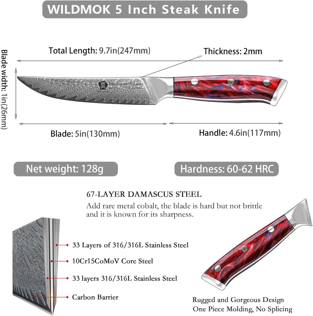 WILDMOK Steakmesser-Set mit 4 Damaststahl-Steakmessern 12,7cm, ultrascharf, gezahntes Steakmesser-Se