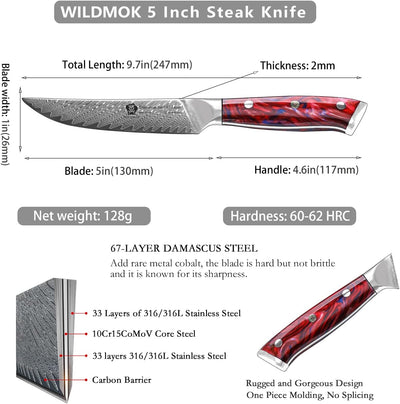 WILDMOK Steakmesser-Set mit 4 Damaststahl-Steakmessern 12,7cm, ultrascharf, gezahntes Steakmesser-Se