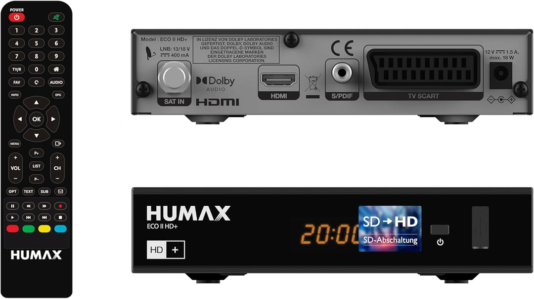 HUMAX Eco II HD+ Digitaler SAT Receiver, Digitaler Receiver für Fernseher mit Dolby Digital Plus Unt