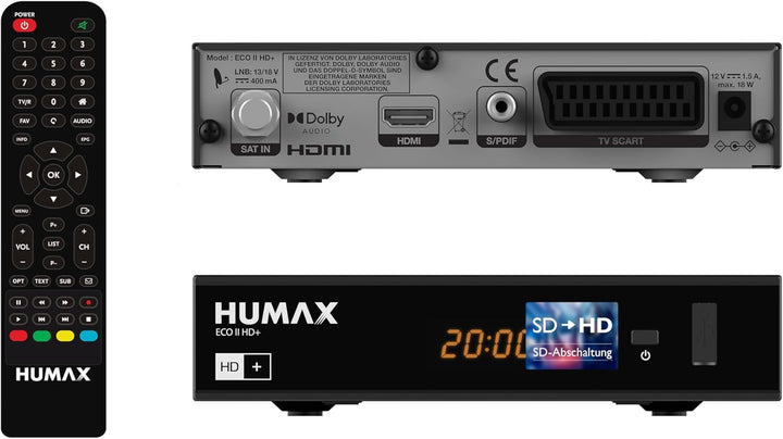 HUMAX Eco II HD+ Digitaler SAT Receiver, Digitaler Receiver für Fernseher mit Dolby Digital Plus Unt