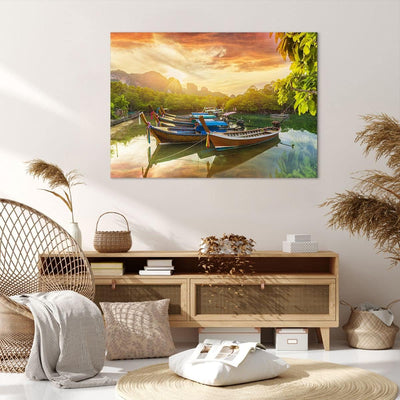 Bilder auf Leinwand 100x70cm Leinwandbild mit Rahmen Berge Boot Wasser Gross Wanddeko Bild Schlafzim