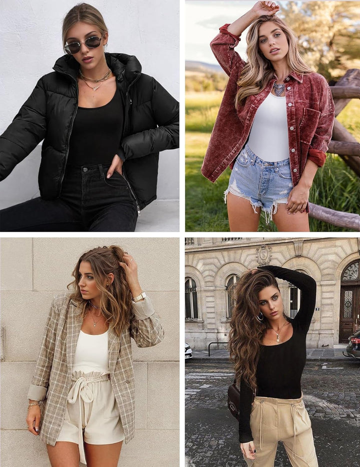 Ekouaer Damen-Langarm-Shirt, U-Ausschnitt, Stretch, enganliegend, leicht, Basic, Thermo-T-Shirt, Grö