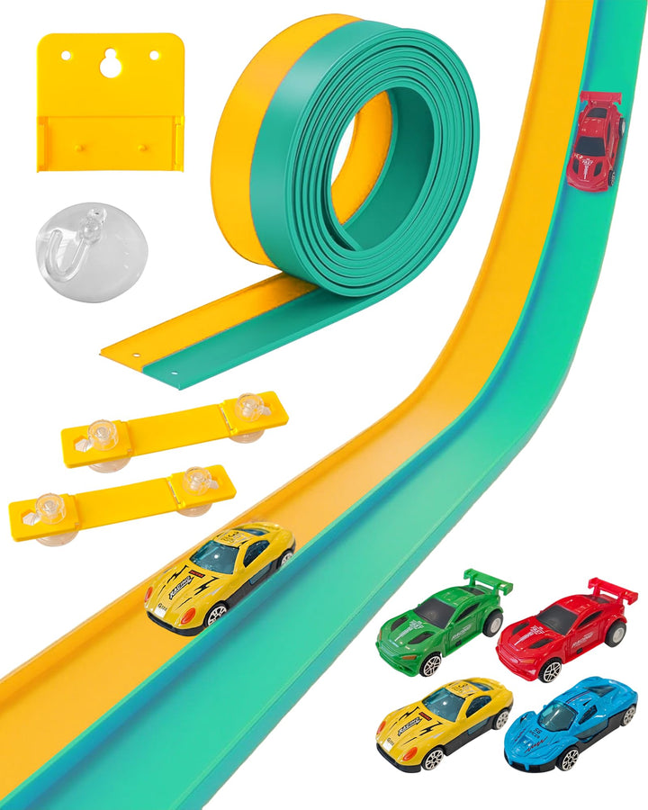 Flexible Autorennbahn Kinder 3 4 5 6 Jahre, 4.6M Auto Rennbahn mit 4 Spielzeugautos, Rennbahn Rennst