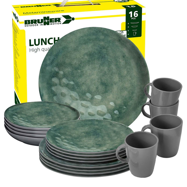 BRUNNER Campinggeschirr Melamin 2-4 Personen (Set: 8, 12, 16 oder 36 Teilig) - Venetian SEA Green -