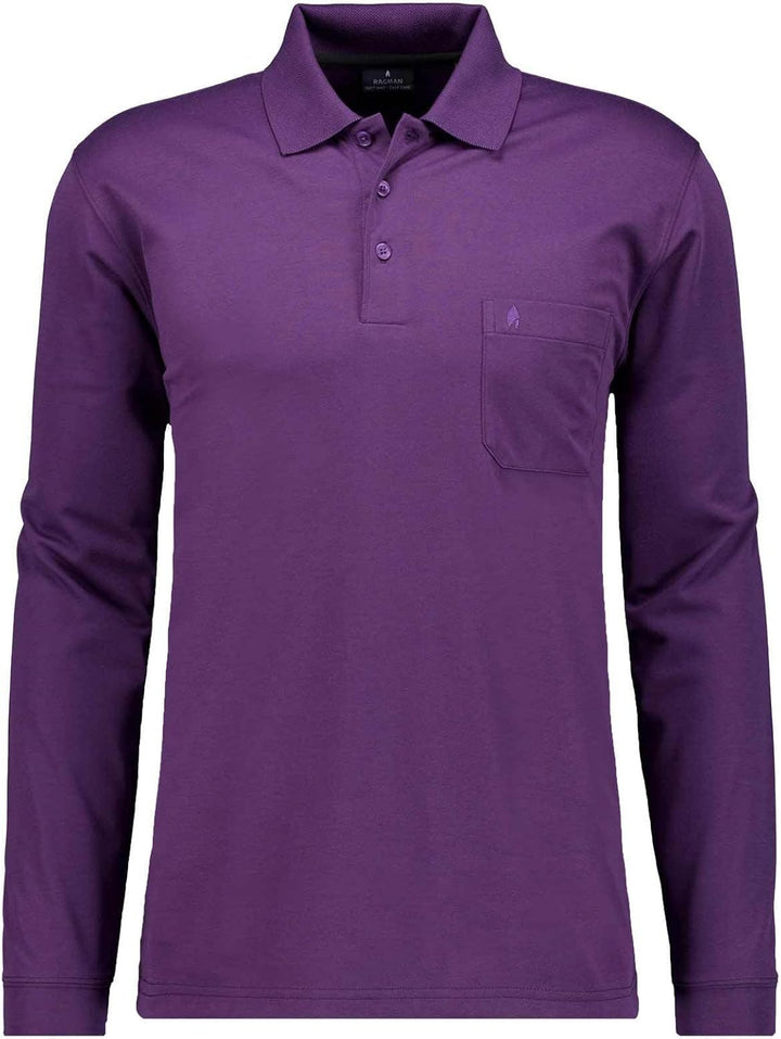 RAGMAN Herren Softknit-Polo mit Brusttasche, Langarm L Aubergine-487, L Aubergine-487
