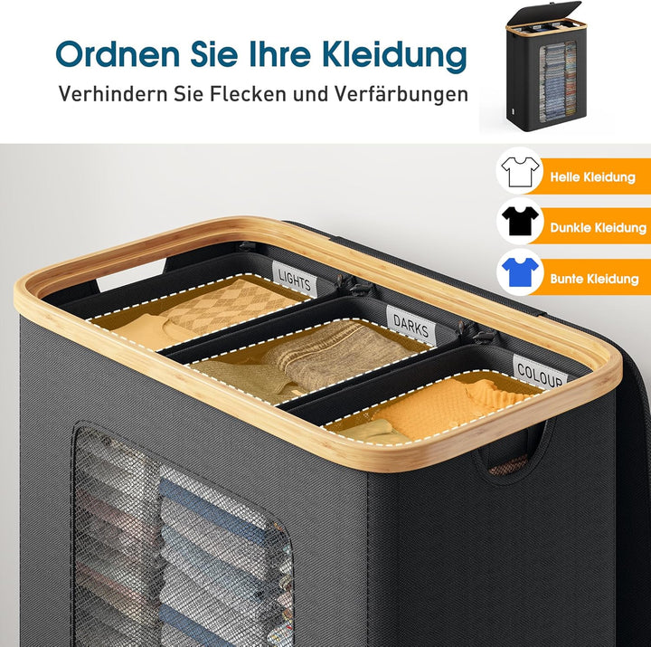 Wäschekorb 3 Fächer 160L, Wäschesammler mit Deckel, Bambusrahmen und 600D wasserdichtem Oxford Stoff