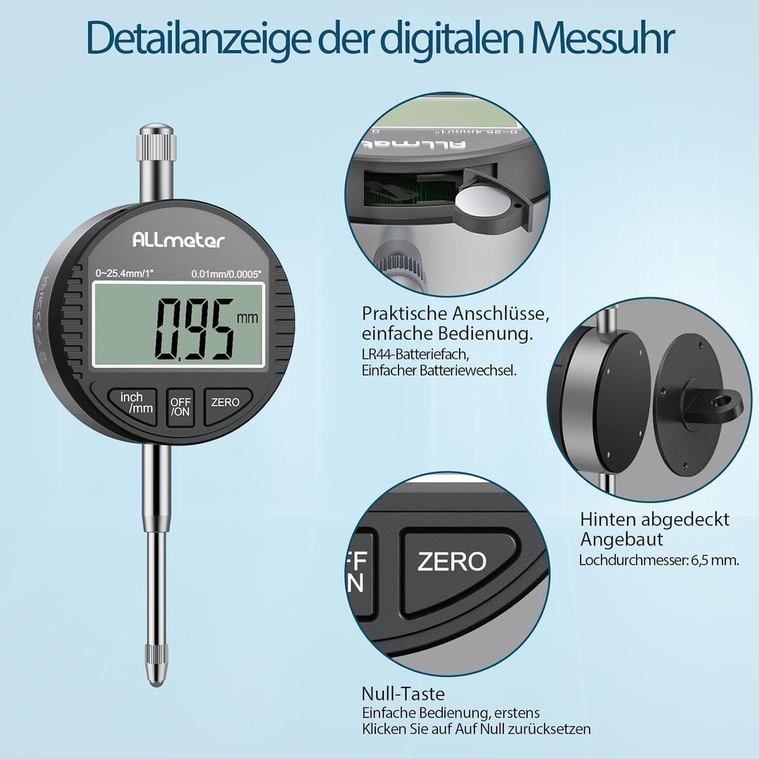 ALLmeter Digitale Messuhr 0,01 mm / 0,0005'', Präzise Messuhr Digital mit LCD-Display, Messbereich 0
