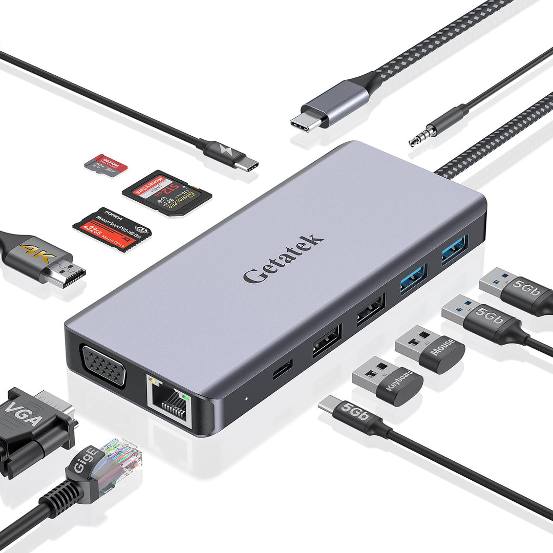 12-in-1 Docking Station with 4K HDMI,USB A 3.0 Port and USB C 5Gbps Data Port,VGA,100W PD Charging,
