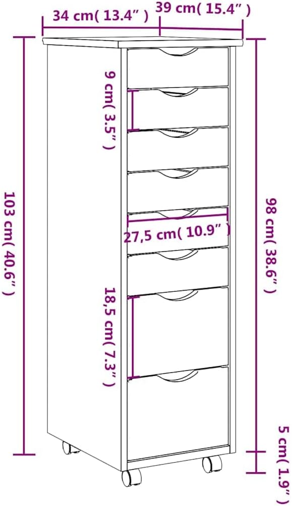 vidaXL Rollschrank mit Schubladen Moss Honigbraun Massivholz Kiefer Braun 34 x 39 x 103 cm, Braun 34