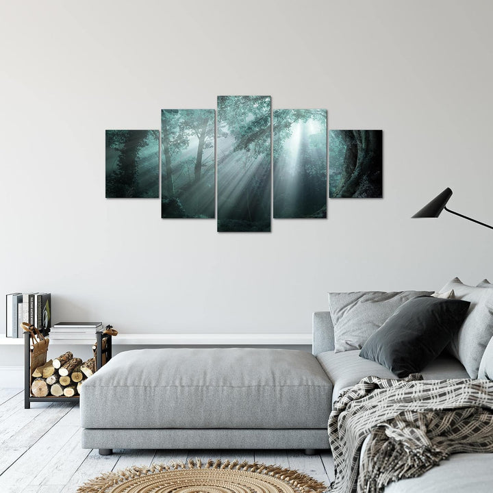Runa Art Bild Schlafzimmer Wohnzimmer Wald Landschaft 5 Teilig Sonne Blau Wandbilder auf Vlies Leinw