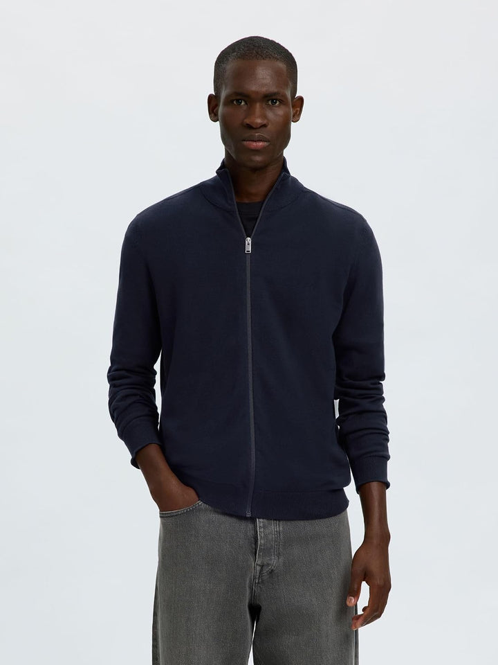 Herren Selected Basic Strickjacke | Einfarbiger Baumwolle Cardigan | SLHBERG Zip Longsleeve Sweatshi