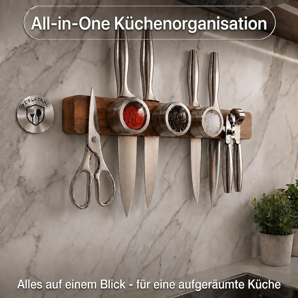 Magnetleiste Messer (41×7 cm) aus edlem aus Akazienholz – Messerhalter magnetisch für schwere Messer