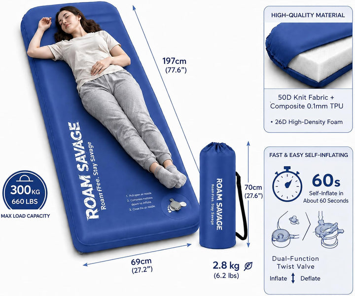 ROAM Savage Selbstaufblasende Camping-Isomatte, 7 cm Schlafmatte mit Kopfkissen, R-Wert 8,0 Isolieru