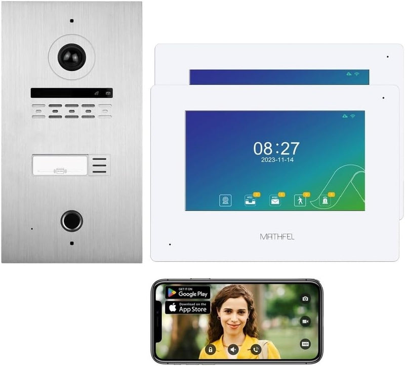 MATHFEL 1 Familienhaus 2 Draht Bus WLAN Video-Türsprechanlage, 2x7 Zoll Monitor mit Full HD 2 Megapi