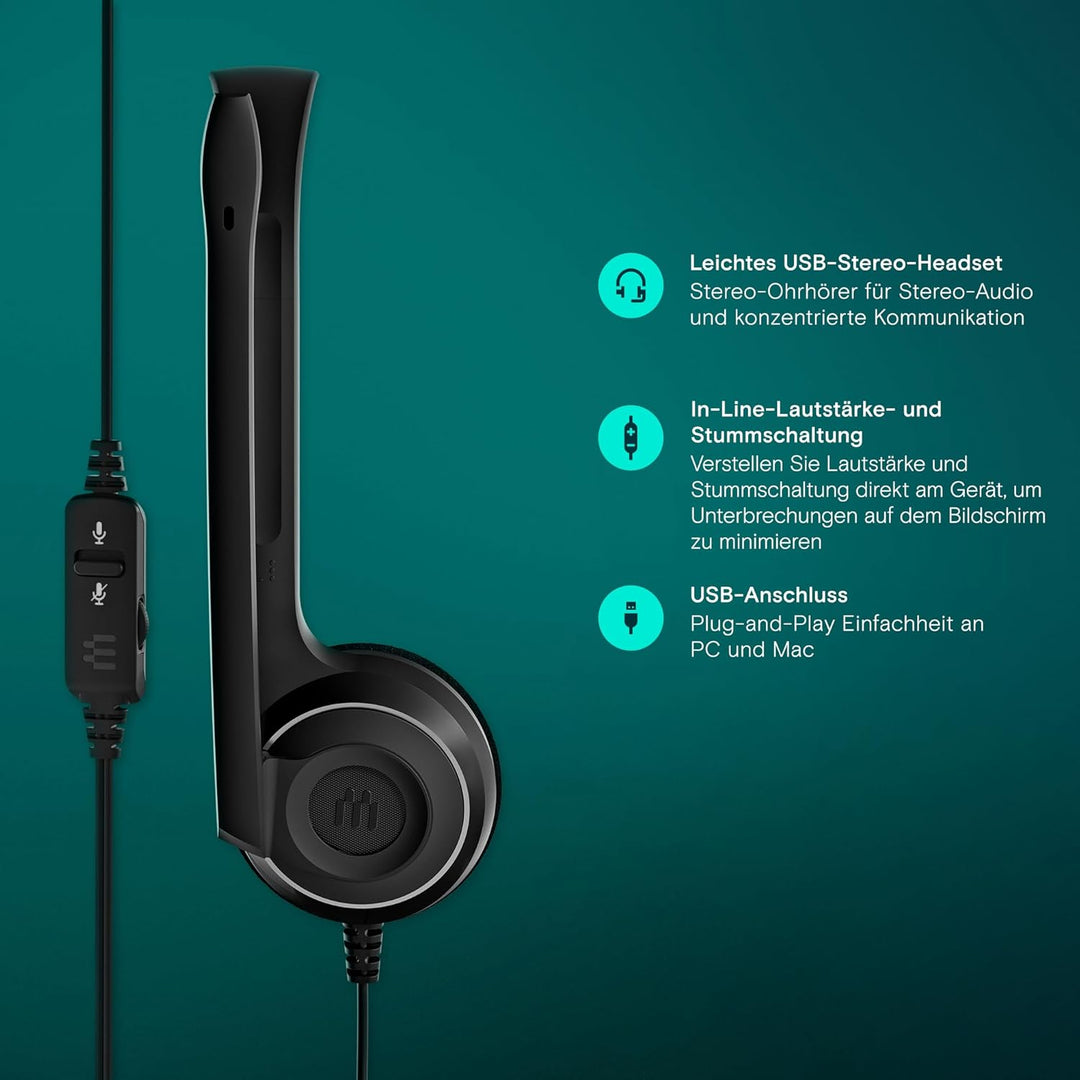 EPOS PC 8 USB-On-Ear-Stereo Headset PC, Kopfhörer mit Kabel, Inline-Lautstärke, Stummschaltung & Mik