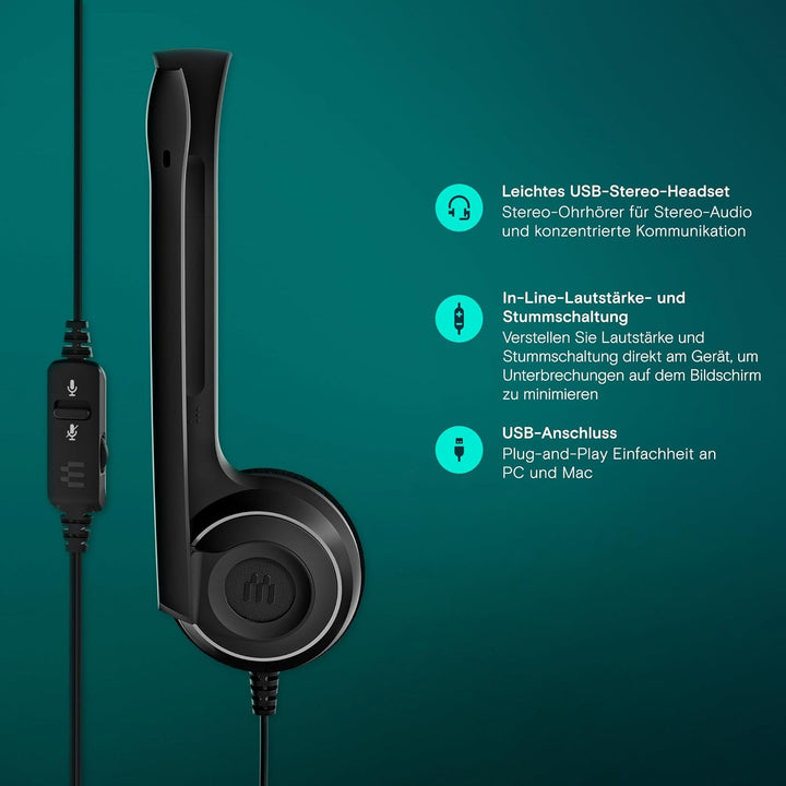 EPOS PC 8 USB-On-Ear-Stereo Headset PC, Kopfhörer mit Kabel, Inline-Lautstärke, Stummschaltung & Mik