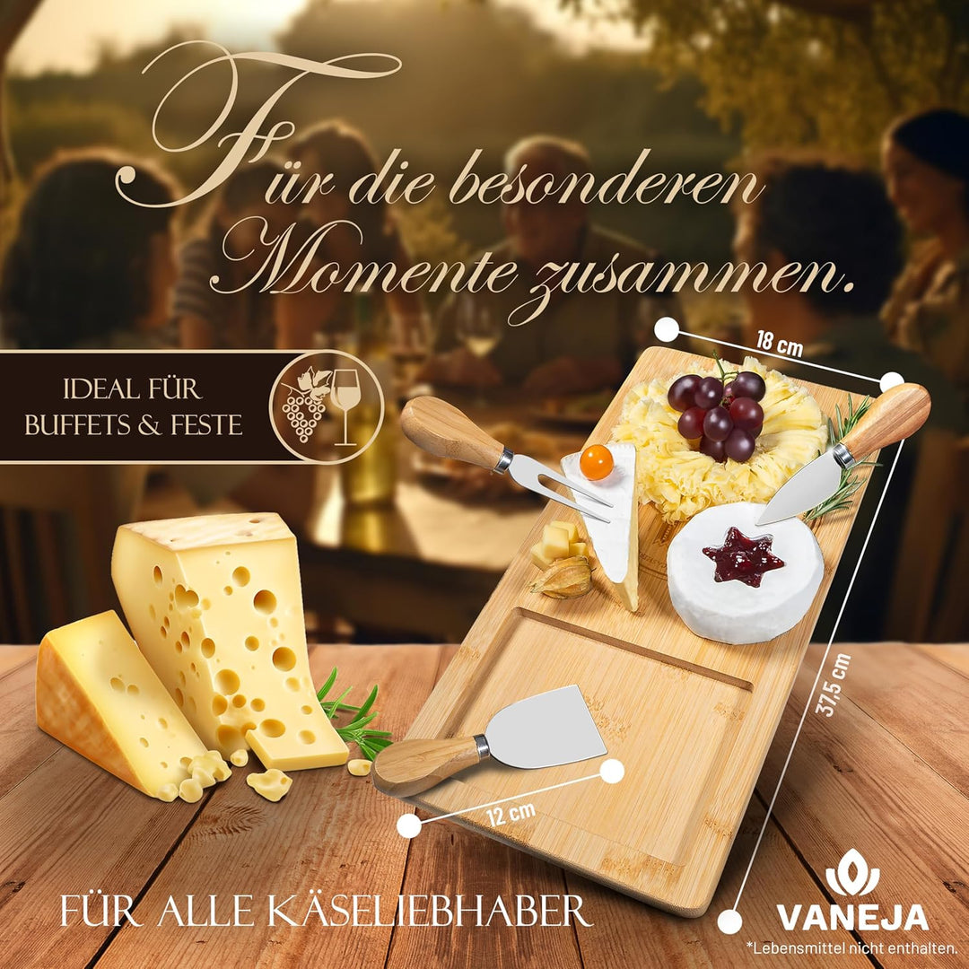 Premium Käsebrett, Schneidebrett aus Bambus, 38 x 18,5 x 1,5 cm, Käsebrett mit Messer Käseschaber Kä