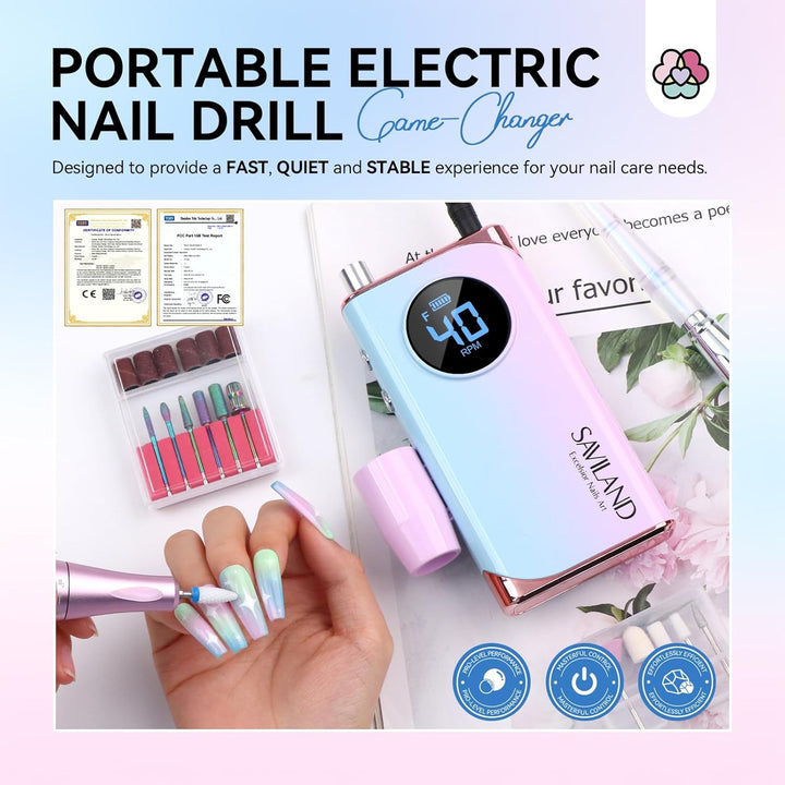 Saviland Elektrische Nagelfräser für Gelnägel 40000 U/min, 12 in 1 Professionell Maniküre Pediküre S