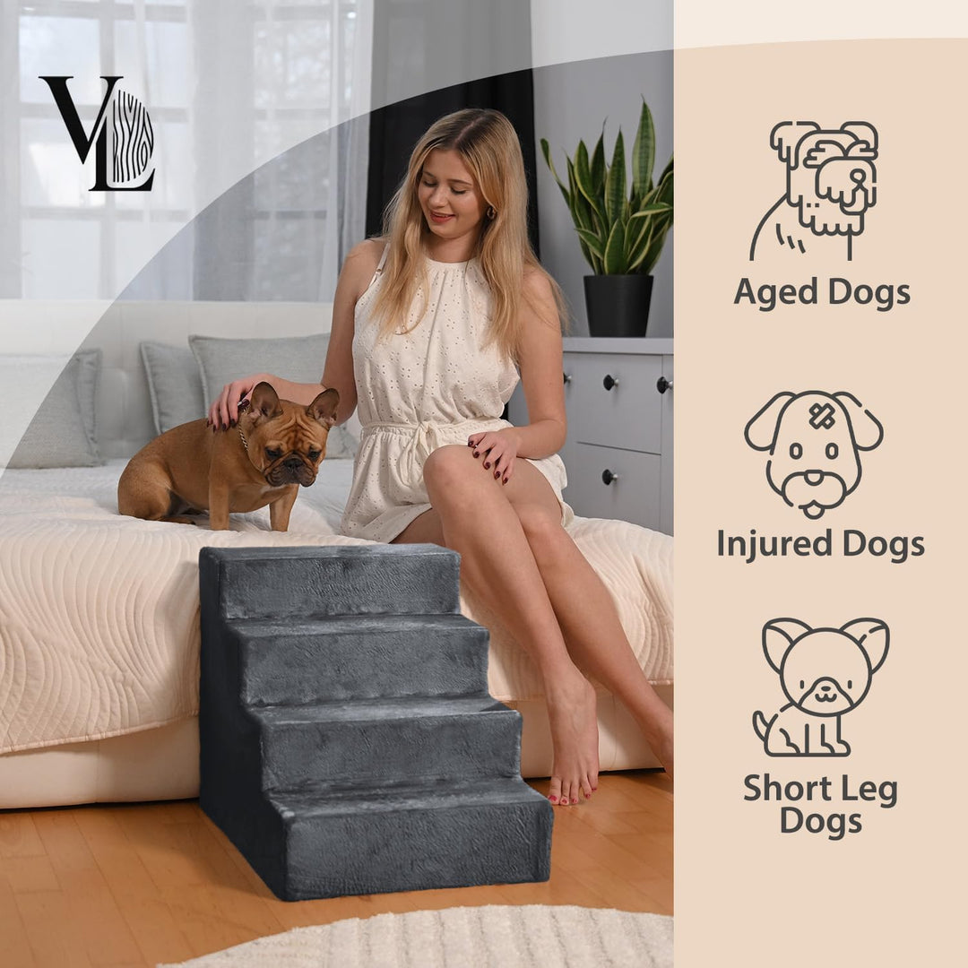 VELORA H&amp;L Hundetreppe 4 Stufen Dunkelgrau - Stabile Holzkonstruktion mit Veloursbezug, rutschfeste