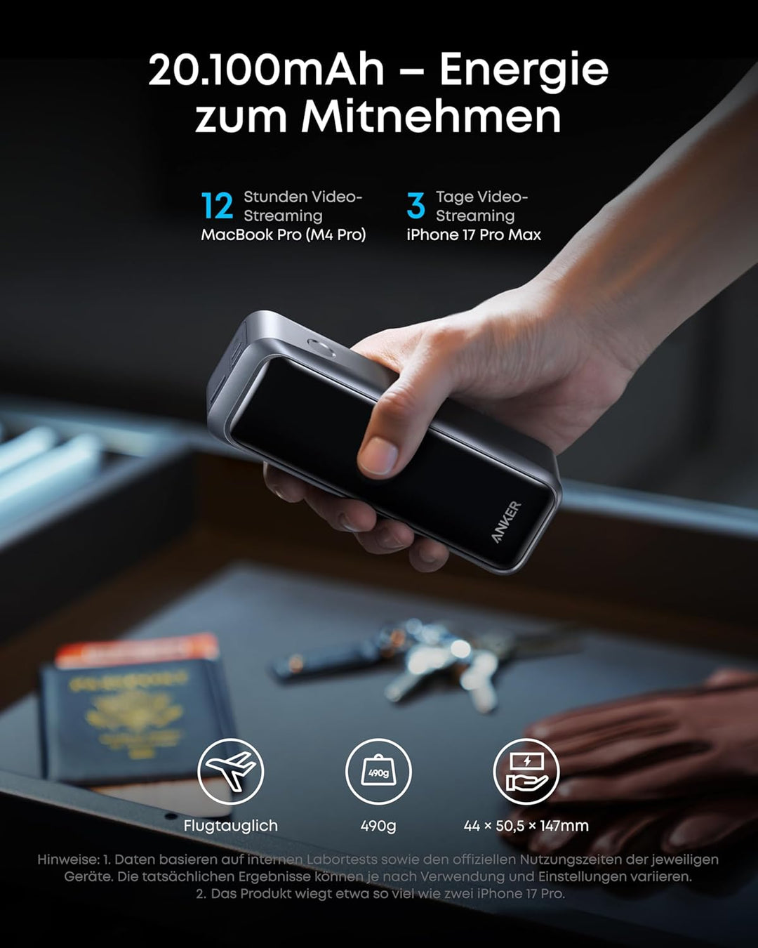 Anker Prime Powerbank 20100mAh tragbares Ladegerät 3 Ports 220W Ausgang, bidirektionales Laden, für