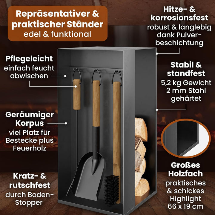 BLACK OAK Kaminbesteck ASPEN 4-teilig mit Lederhandschuh - praktisches &amp; repräsentatives Ofenbesteck
