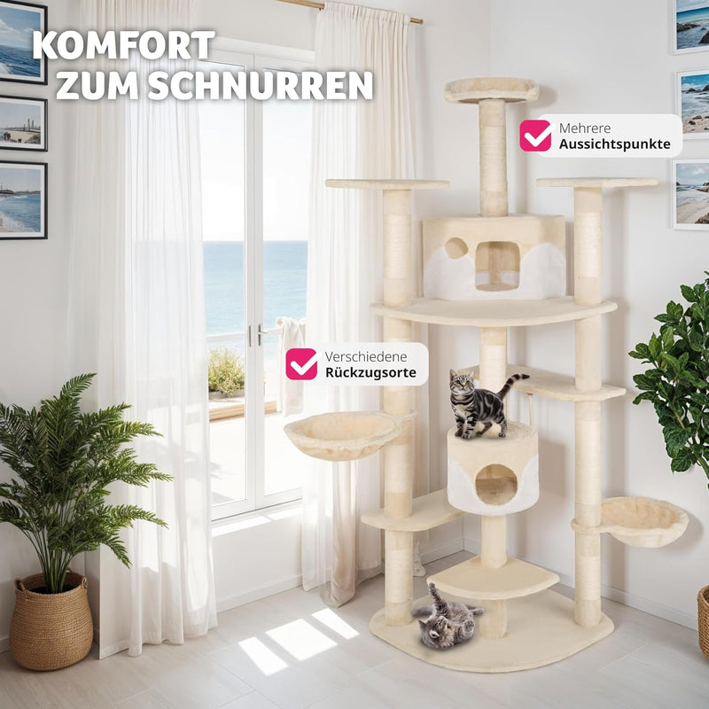 TecTake Katzen Kratzbaum mit XXL Liegemulde | 2 Katzenhäusern | deckenhoch - Diverse Farben - (beige