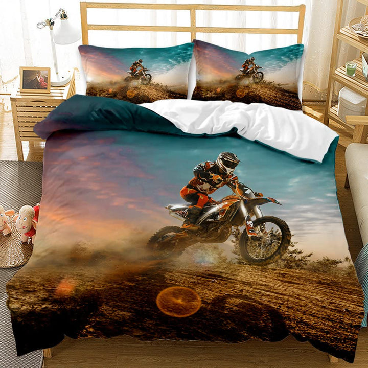 AOXHFNV 3D Motorrad-Bettbezug Motocross-Bettwäsche-Set Motorrad-Rennbettbezug mit Kissenbezug für Te