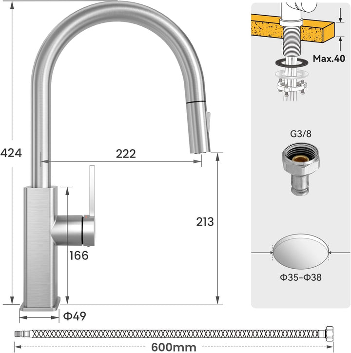 CECIPA Wasserhahn Küche Ausziehbar Edelstahl, Küchenarmatur mit Brause 2 Strahlarten, Spültischarmat