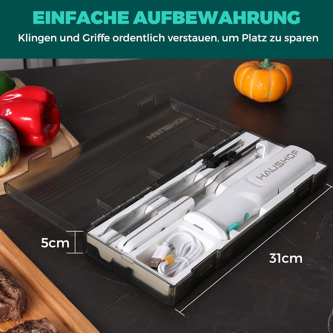 HAUSHOF Elektromesser, Kabelloses Küchenmesser mit 2 Edelstahlklingen, Elektrisches Messer mit Gabel