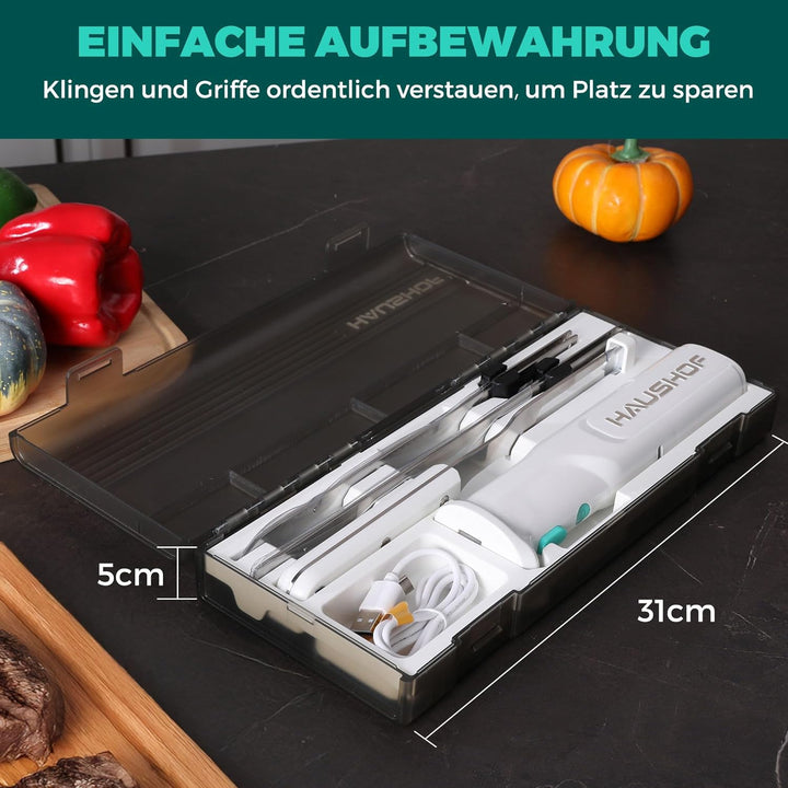 HAUSHOF Elektromesser, Kabelloses Küchenmesser mit 2 Edelstahlklingen, Elektrisches Messer mit Gabel