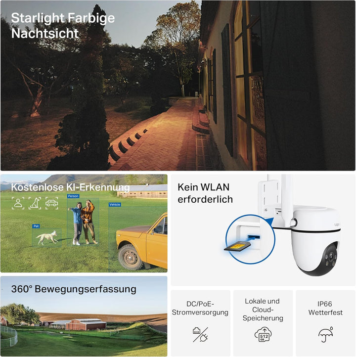 Tapo C501GW 360° 4G LTE Überwachungskamera mit SIM-Kartenslot, kein WLAN erforderlich, Starlight far