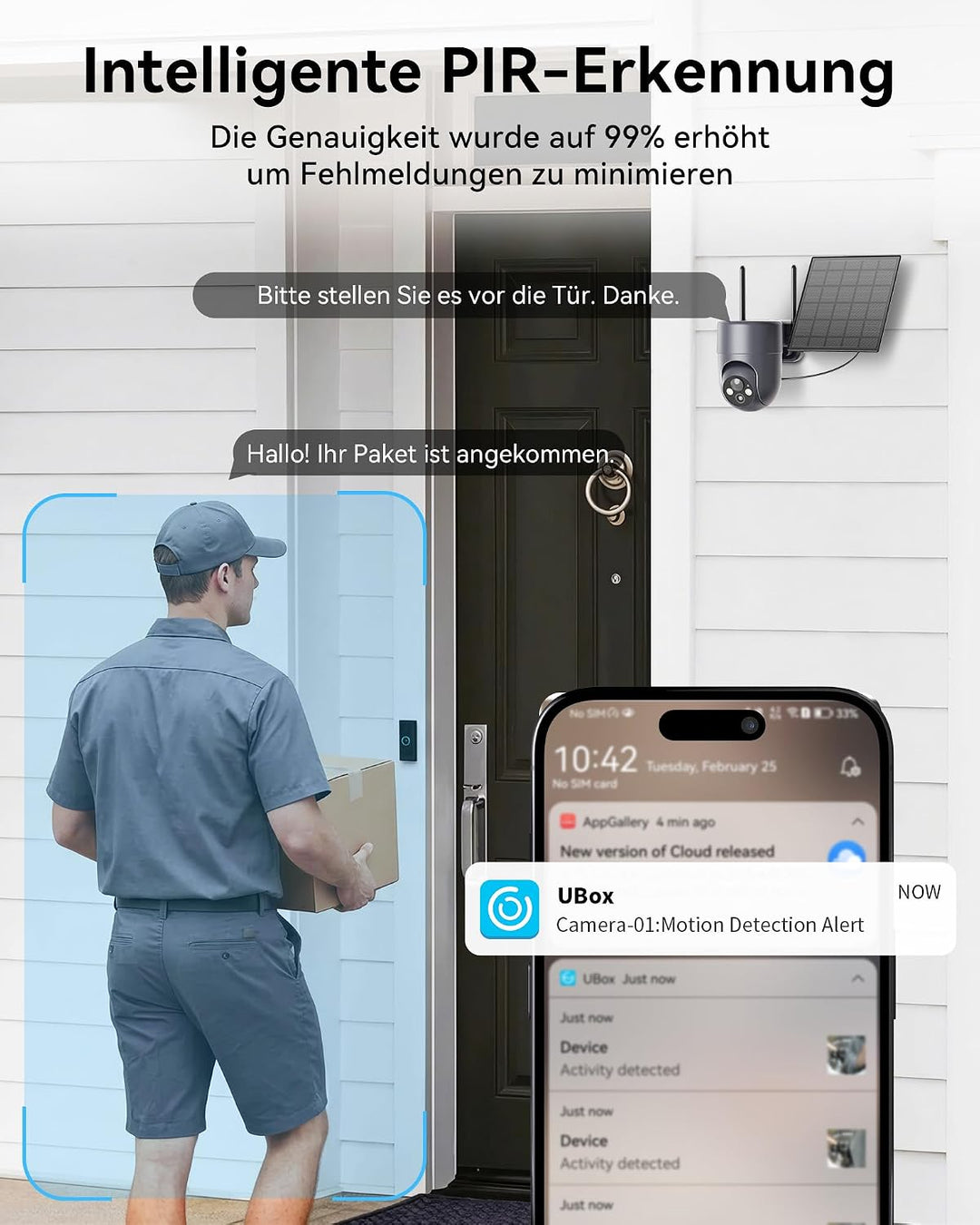 2K Überwachungskamera Aussen Solar WLAN, 2,4 GHz | 360° PTZ Kamera Überwachung Aussen Akku mit PIR-E