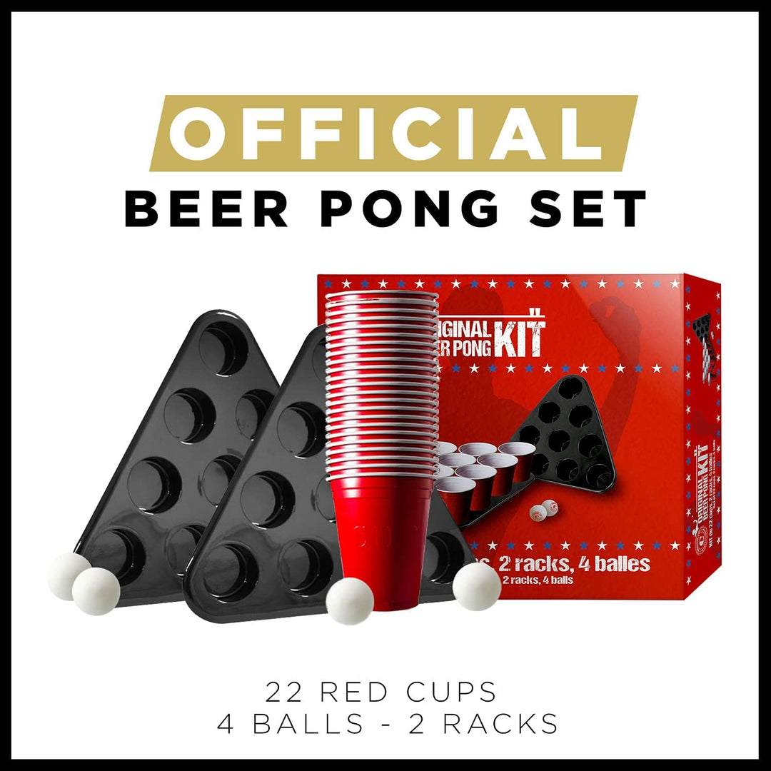 Beer Pong Original Cup® - Bierpong Tisch + 22 Becher + 2 Racks + 4 Bälle - Zusammenklappbarer, trans