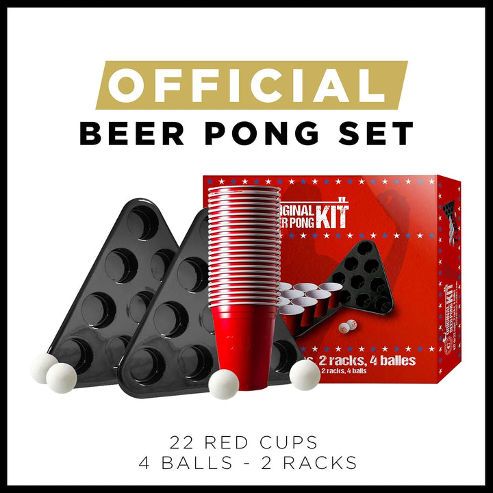 Beer Pong Original Cup® - Bierpong Tisch + 22 Becher + 2 Racks + 4 Bälle - Zusammenklappbarer, trans