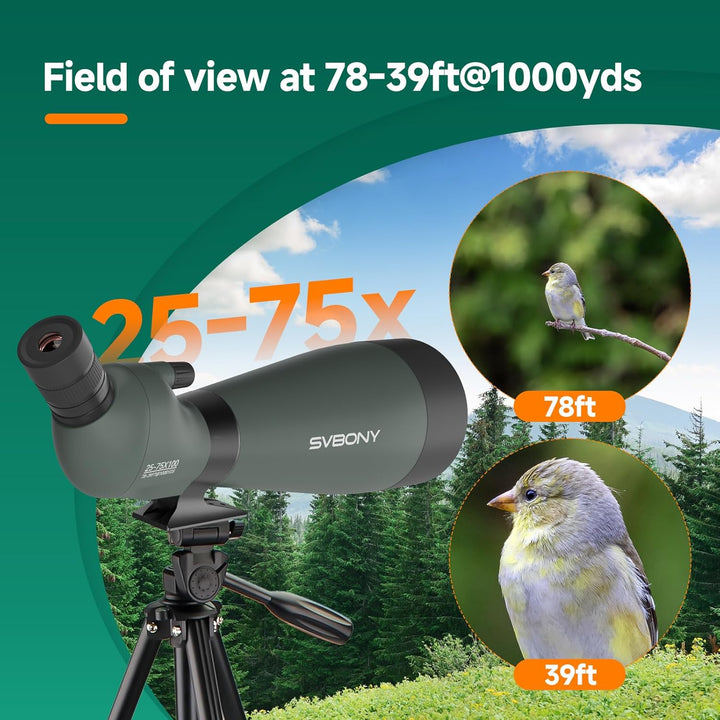 Svbony SV28 25-75x100mm Spektiv mit Stativ, Grosses Sichtfeld, Helle und Klare Bilder, HD BAK4 Porro