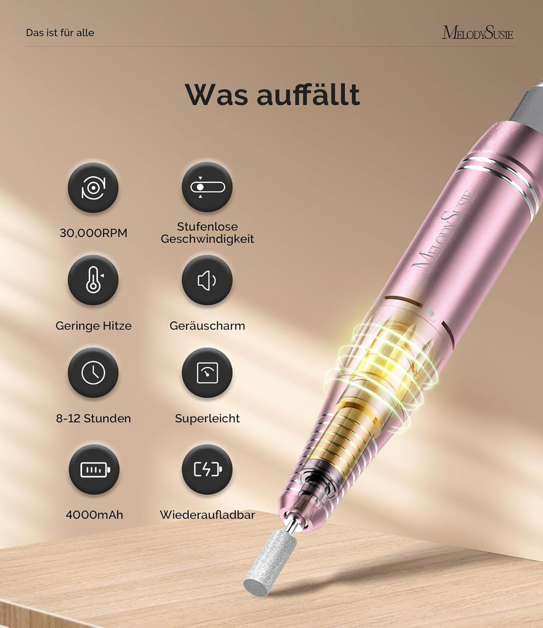 MelodySusie SC300F Professioneller Aufsteckbarer Nagelfräser, Wiederaufladbare Elektrische Nagelfeil