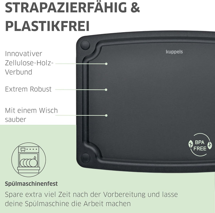 Kuppels NERO Holzfaser Schneidebrett Set 3-teilig, Küchenbretter ohne Plastik mit Saftrille und Sili