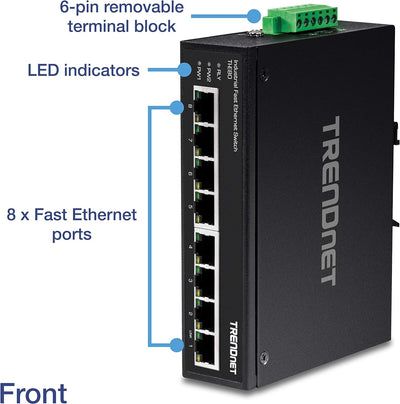 TRENDnet TI-E80 Industrieller nicht verwalteter 8-Port-Fast-Ethernet-DIN-Rail-Switch, 8-fache Fast-E