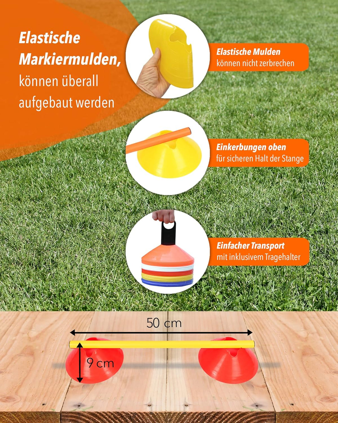 Cavaletti Mini-Hürden 10er Set – Markiermulden Orange & gelbe 50cm Stangen – inkl. Tragetasche – sic