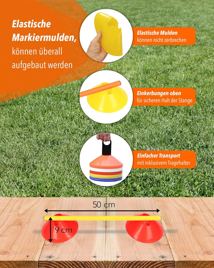 Cavaletti Mini-Hürden 10er Set – Markiermulden Orange & gelbe 50cm Stangen – inkl. Tragetasche – sic