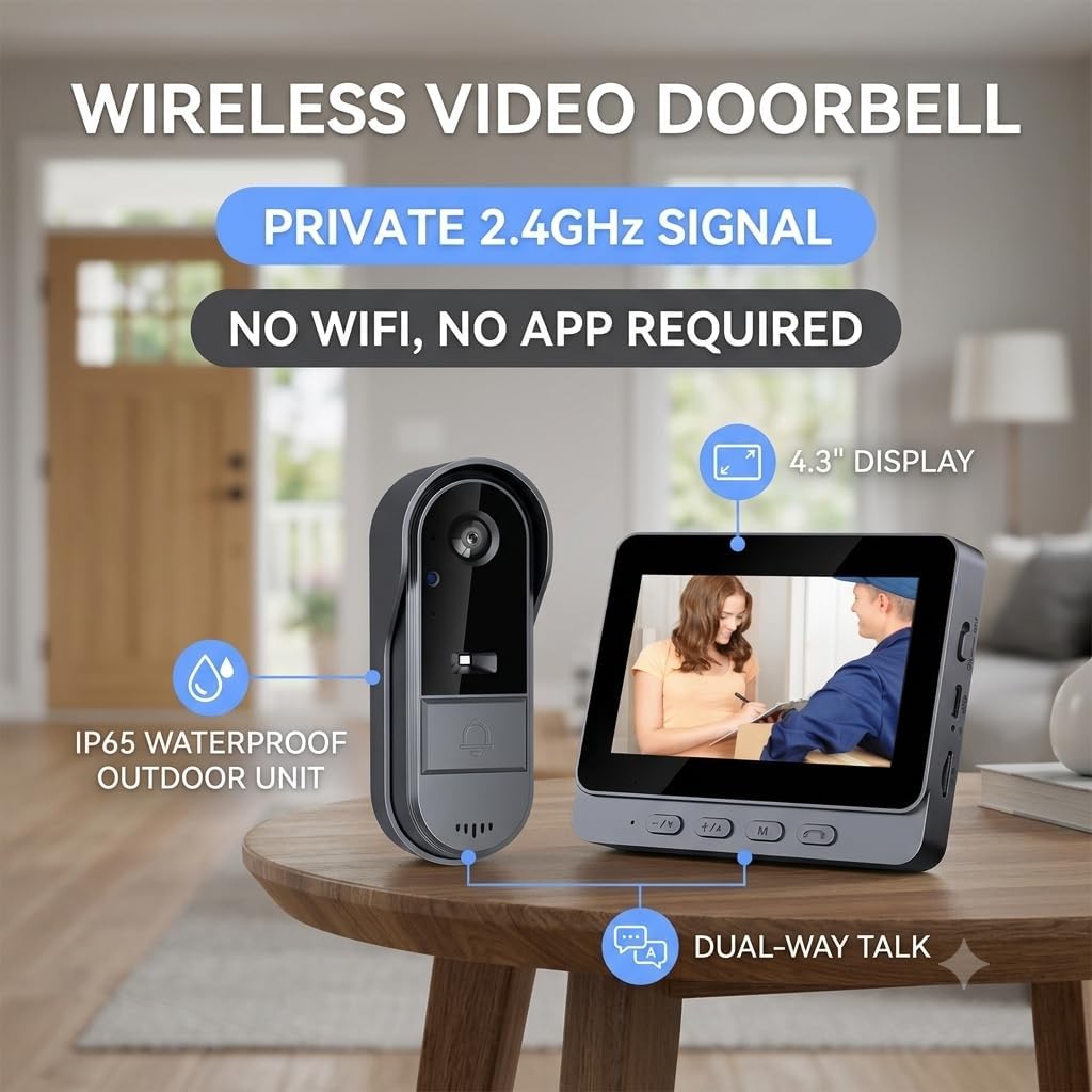 TKMARS Drahtlos Türklingel mit Kamera, 1080P wasserdichte IP67-Video-Türklingel mit 4,3 Zoll Bildsch
