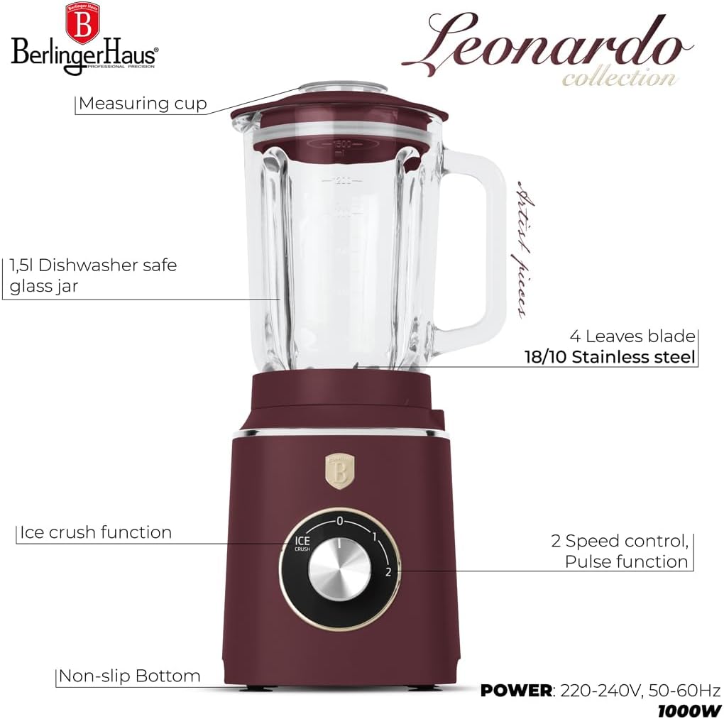 Berlinger Haus Stabmixer/Tischmixer mit Glasbehälter 1,5 L 1000 W/matt bordeaux/Leonardo Collection