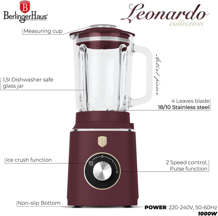 Berlinger Haus Stabmixer/Tischmixer mit Glasbehälter 1,5 L 1000 W/matt bordeaux/Leonardo Collection