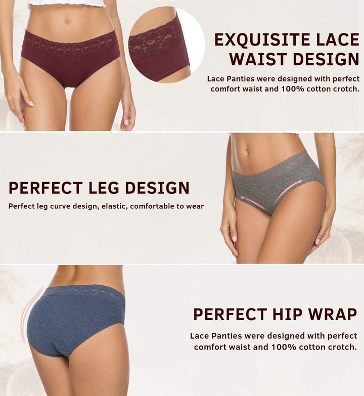 GNEPH Damen-Unterwäsche, Baumwolle, Bikini-Höschen für Damen, Unterhose, Slips, Hipster, Spitze, 5er