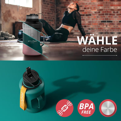 BeMaxx Trinkflasche Edelstahl ACTIVE FLASK + Strohhalm (3 Deckel) | Grosse 1,3 Liter Sportflasche BP