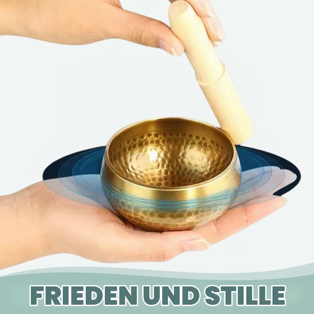 Tibetisches Klangschalen-Set Ø 8 &amp; 12 cm mit Chilin-Muster Inkl. Holzklöppel &amp; Schalenkissen | Handg