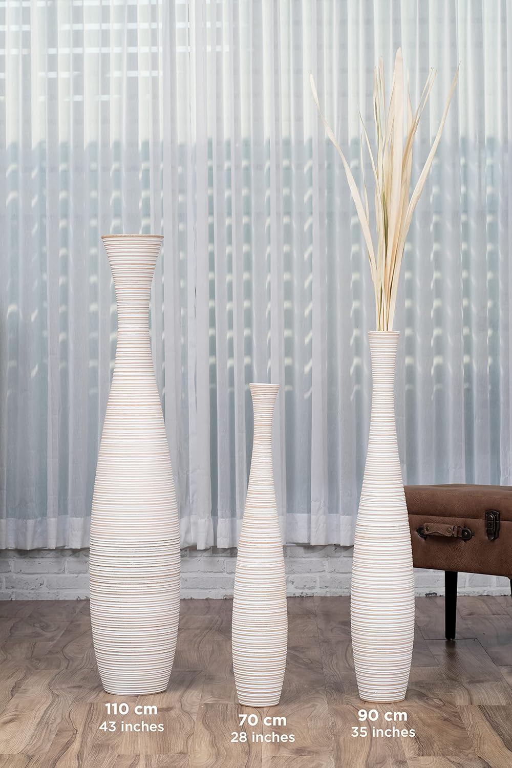Leewadee Grosse Bodenvase für Dekozweige hohe Standvase Design Holzvase, Holz, 70 cm, White Wash 70