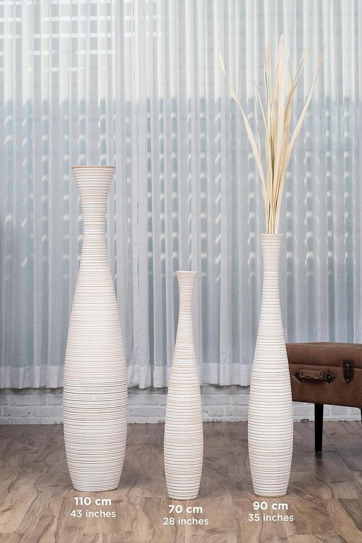 Leewadee Grosse Bodenvase für Dekozweige hohe Standvase Design Holzvase, Holz, 70 cm, White Wash 70